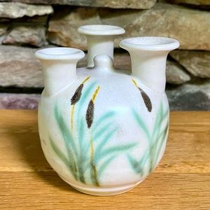 VTG Pottery Oil Lamp Clouds Folsom Handcrafted Vase Cattails Nature Hand Painted